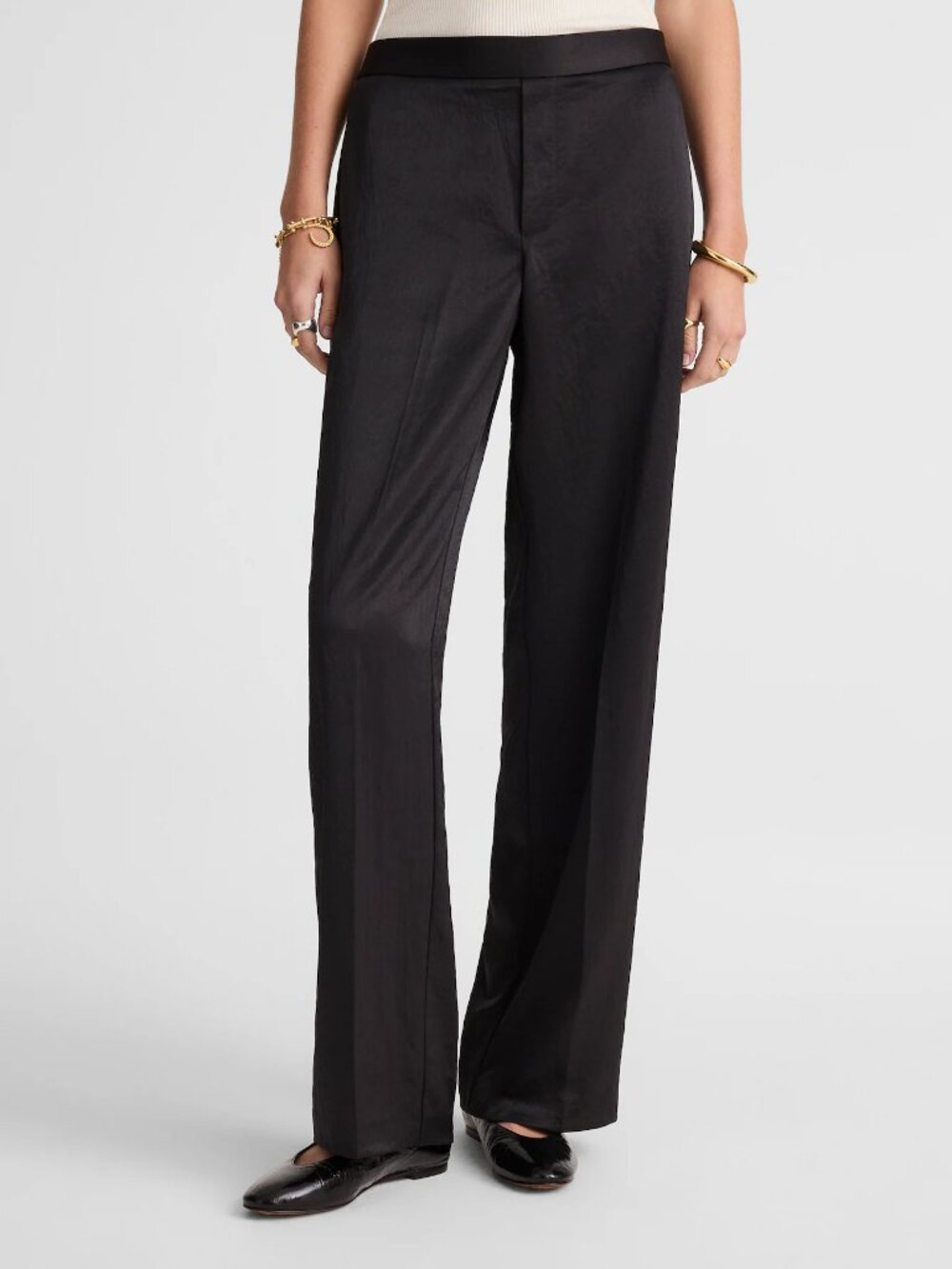 Madewell Easy Satin Pull On Elastic Waistband Straight Leg Pants Black L NWT